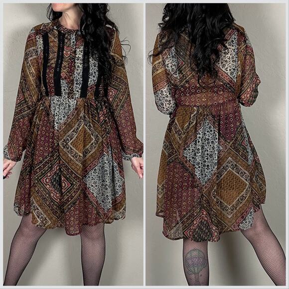 Vintage Y2K Patchwork Print Long Sleeve Sheer Babydoll Dress - Picture 4 of 8